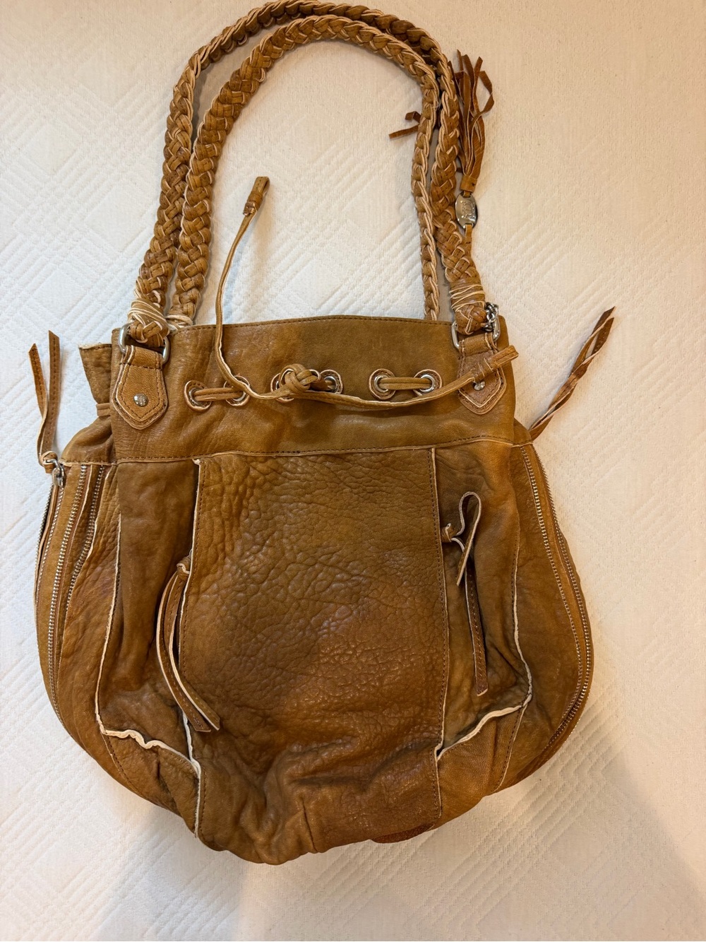 Olivia Harris Distressed Tan Leather Braided-Handle Shoulder Bag